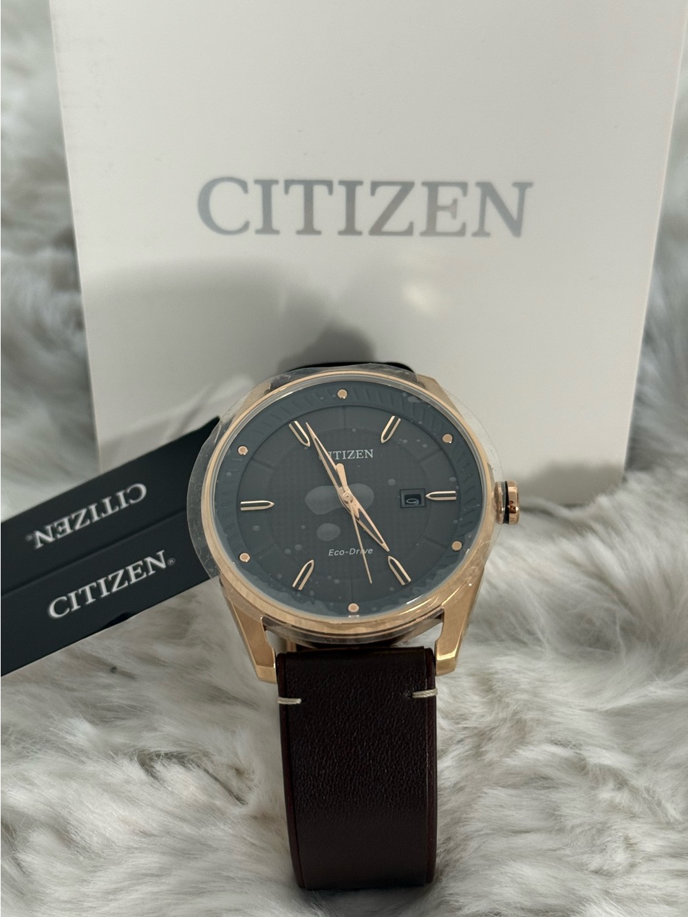 Citizen Eco-Drive Men’s Watch BM6983-00H Rose Gold Gray Dial NWT Box